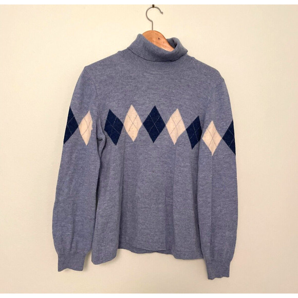 Vintage Escada Womens Turtleneck Sweater EU 38 US 8 Blue Argyle Wool Preppy FLAW - Picture 1 of 11